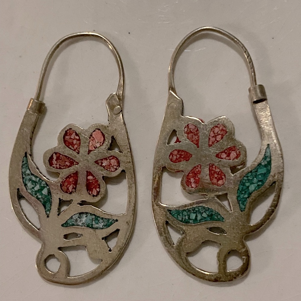 Vintage Sterling Chip Inlay Earrings